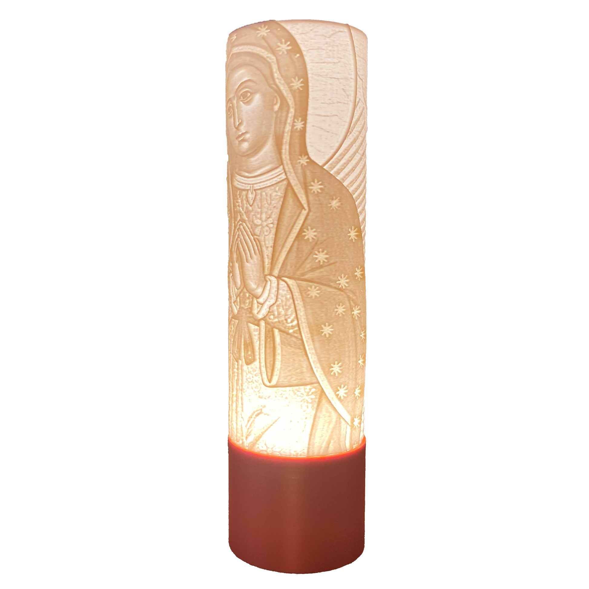 Vista lateral lámpara en litofanía iluminada en 3d Virgen de Guadalupe, de la colección Luz de Fe, PFBMX