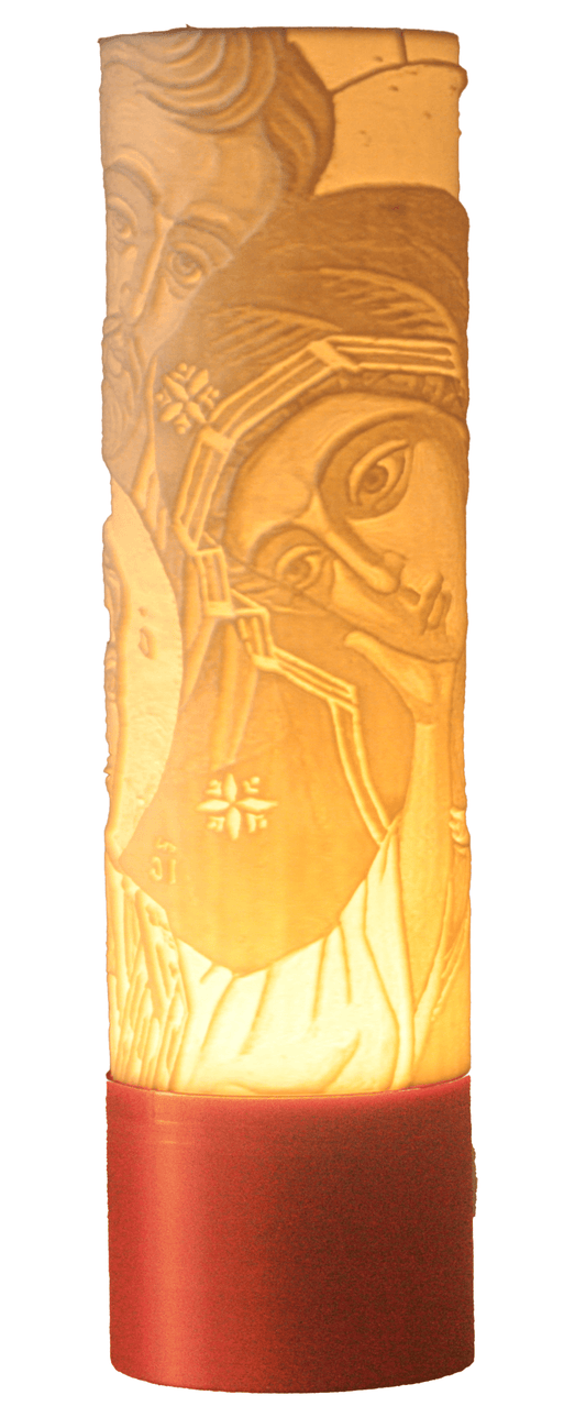 Lámpara LED PFBMX con litofanía en 3D inspirada en el ícono de la Sagrada Familia, fabricada en México por PFBMX